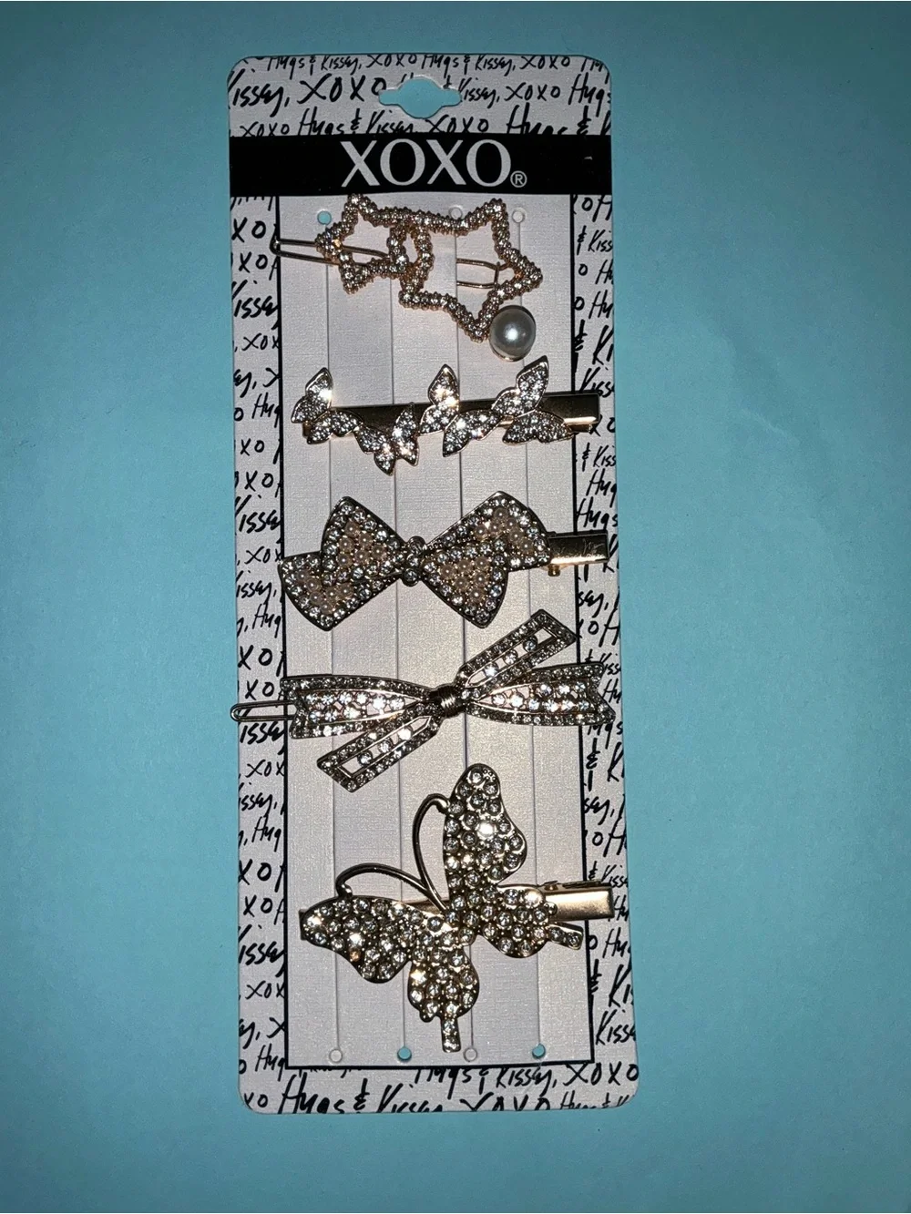 XOXO Gold Rhinestone Butterfly Stars & Bow Hair Clip Set of 5